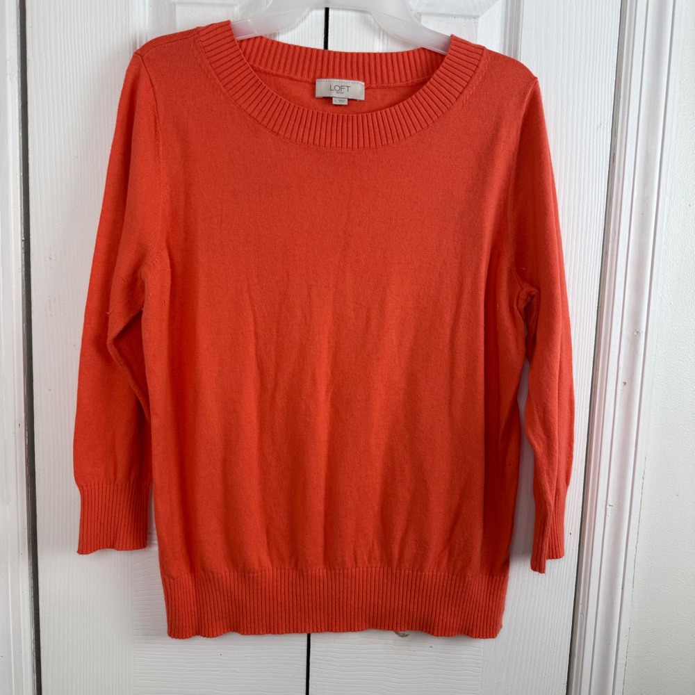 LOFT Outlet Women Large Coral Orange 3/4 Sleeve Cotton‎ Blend Knit Sweater L